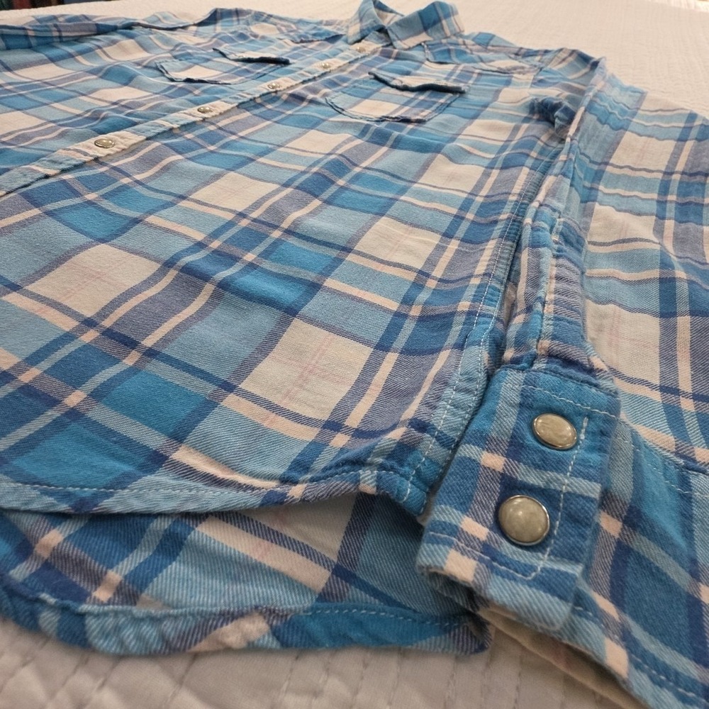 Lucky Brand Button Up Blouse Women's L Blue White Plaid Long Sleeve Pearl Snap - Picture 3 of 16